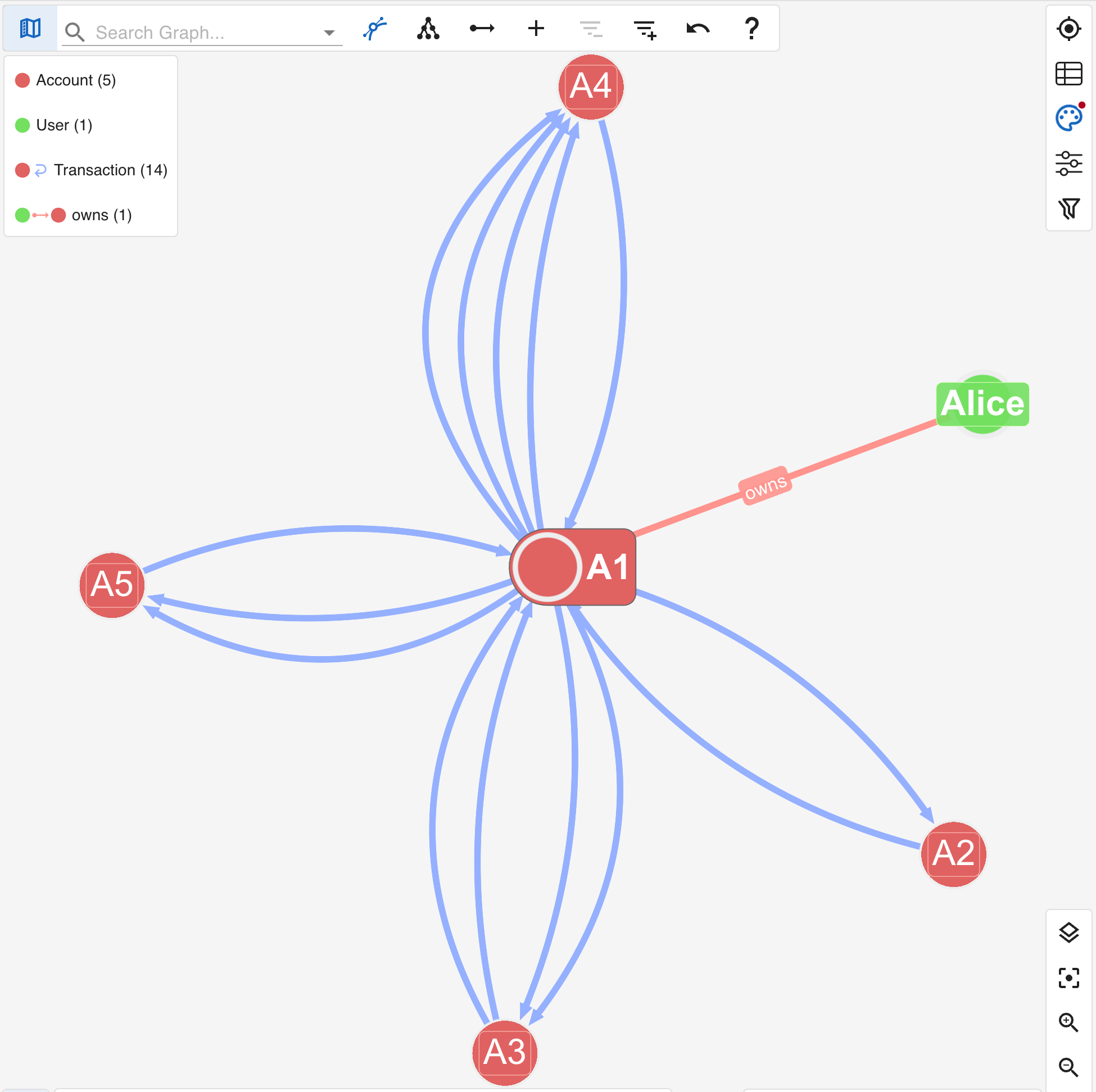 G.V() graph with Alice and her account edges loaded
